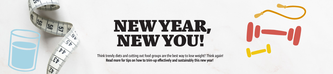 Banner for new year new you article. Measuring tape and dumbbell